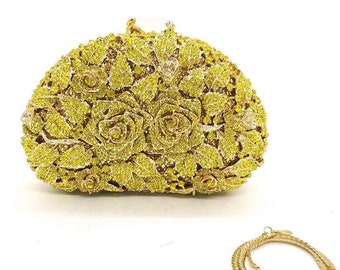 Double rose flower hollow out crystal clutch, Lime green rose flower crystal clutch, Bridal wedding purse, Evening party clutch