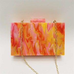 Pink, yellow and red marbled pattern acrylic clutch with the metal chain, Oil painting pattern clutch, Evening clutch, Clutch for party