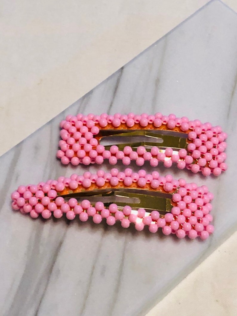 Set of 2 Pink Seed Bead Hair Barrette Handmade Hairpin Hand Etsy