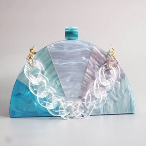 Pastel tone blue and violet pie half moon acrylic clutch with the gold chain, Evening Clutch, Party clutch