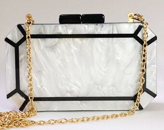 White pearlescent and black two tone acrylic clutch with the gold metal chain, Geometric pattern acrylic clutch, Evening clutch