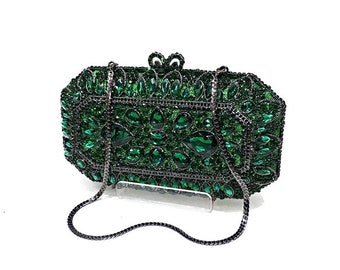 Swarovski ELEMENTS emerald green rectangle square shape Rhinestone Crystal  Metal case box clutch minaudiere bag purse