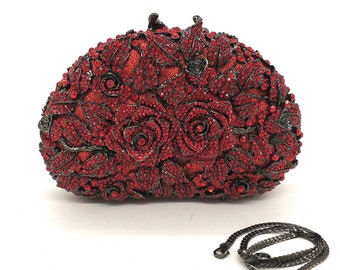 Double rose flower hollow out crystal clutch, Wine red rose flower crystal clutch, Medieval crystal clutch, Novelty crystal clutch