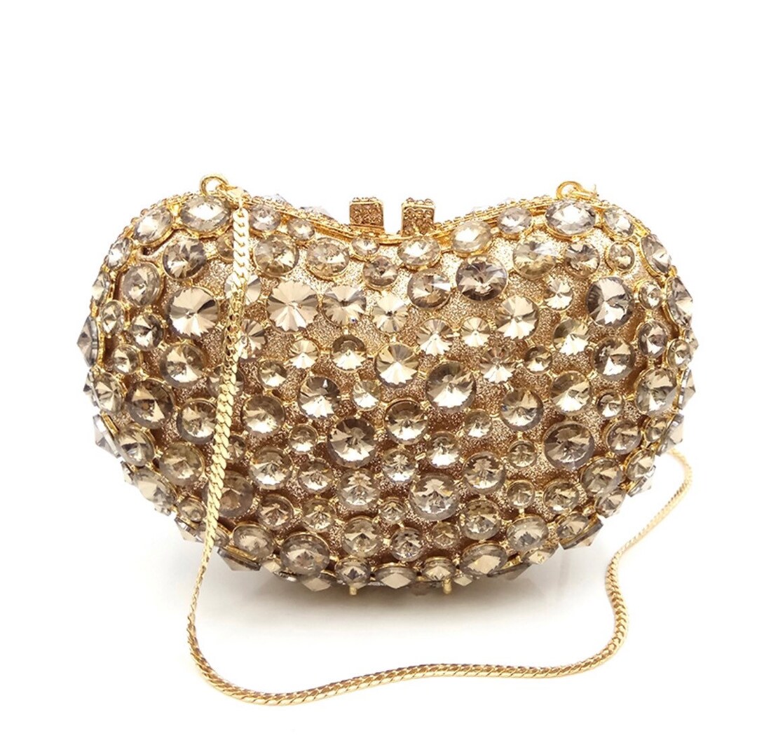 Gold Crystal Rhinestone Clutch, Bean Shape Clutch, Gold Crystal Diamond