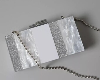 Silver glitter striped pattern acrylic clutch, Geometric pattern acrylic evening clutch bag with the silver ball clutch, Bridal clutch