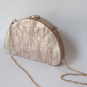 Champagne pearlescent tortoise shell half moon Acrylic Clutch with the gold chain, Evening Clutch