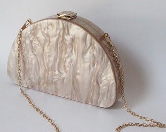 Champagne pearlescent tortoise shell half moon Acrylic Clutch with the gold chain, Evening Clutch