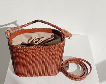 Genuine cowhide leather weaving bucket bag, Brown leather weaving bag, Hand woven cowhide leather bucket bag, Weaving bag