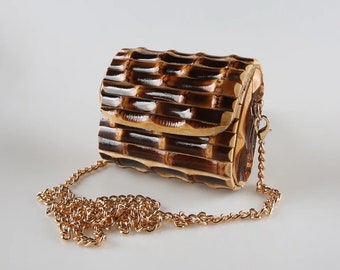 Dark wood clutch, Bamboo wood clutch, Natural  wood clutch with the metal chain, Full handmade bamboo clutch, Minimalist clutch