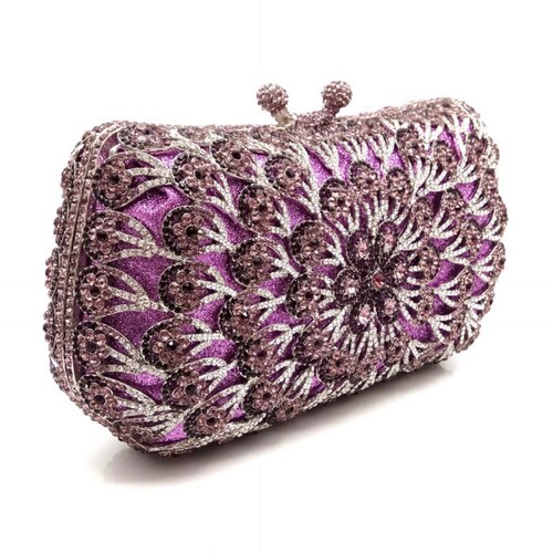 Purple flower shops crystal rhinestone clutch, Floral pattern hollow out crystal rhinestone clutch, Purple crystal clutch, Bridal wedding clutch