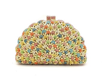 Pfau Feder Motiv Kristall Strass Kupplung, bunte Kristall Strass Kupplung, Braut Hochzeit Kupplung, Party Kupplung