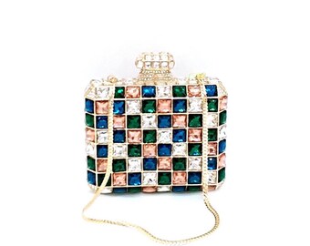 Chunky square cut crystal cubic clutch, Chunky crystal clutch, Blue, green, champagne and white crystal cubic clutch, Square clutch