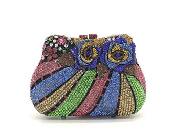 Multicolored rose flower crystal rhinestone clutch, Rose flower crystal rhinestone pouch, Multicolored crystal rhinestone clutch