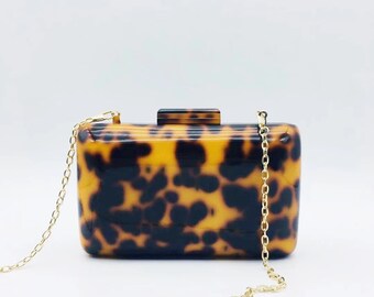 Tortoise shell clutch, Leopard pattern acrylic clutch, Evening clutch, Party bag