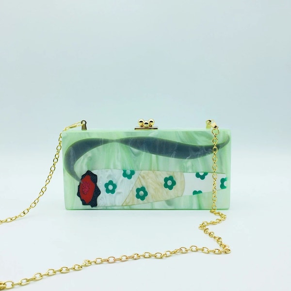 Abstract rose flower acrylic clutch, Rose flower clutch, Ming green acrylic clutch, Bridal wedding clutch, Party clutch