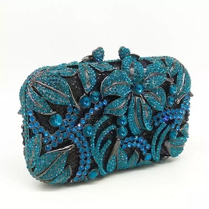 Turquoise blue flower crystal rhinestone clutch, Party clutch, Blue and black glitter crystal evening clutch, Party clutch, Evening clutch