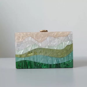 Mountain motive acrylic clutch, Champagne and green acrylic clutch, Bridal wedding clutch, Evening clutch, Party clutch