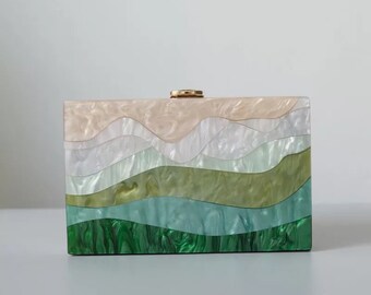 Mountain motive acrylic clutch, Champagne and green acrylic clutch, Bridal wedding clutch, Evening clutch, Party clutch