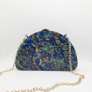 Blue abalone tortoise shell half moon acrylic clutch with the gold chain, Pearlescent acrylic clutch, Evening Clutch