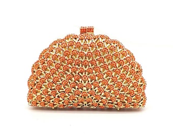 Pfau Feder Motiv Kristall Strass Kupplung, Orange Kristall Strass Kupplung, Gold Rahmen Kupplung, Braut Hochzeit Kupplung, Party Kupplung