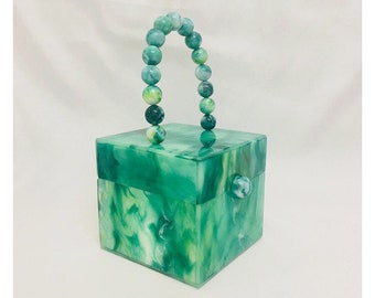 Jadeite green marble acrylic box tote bag, Tortoise shell box tote bag, Vintage-inpired box tote bag