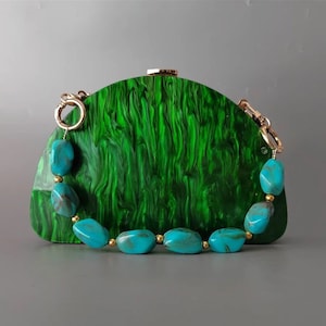 Emerald green pearlescent tortoise shell half moon acrylic clutch with beaded chain, Green half moon clutch, Evening Clutch