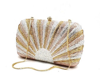 Rising sun motive crystal clutch with the detachable chain, Gold and champagne pink crystal clutch, Bridal wedding clutch, Evening clutch