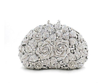 Double rose flower hollow out crystal clutch, AB crystal and silver rose flower clutch, Bridal crystal clutch, Novelty crystal clutch