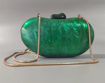 Green pearlescent bean shaped acrylic clutch, Emerald green bean acrylic clutch, Tortoise shell clutch, Bridal wedding clutch,