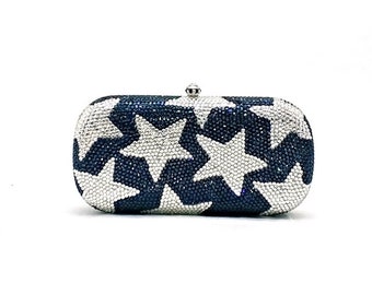 Bridal wedding clutch, Star pattern full crystal clutch, Silver and navy star pattern crystal clutch, Stars crystal clutch, Party clutch