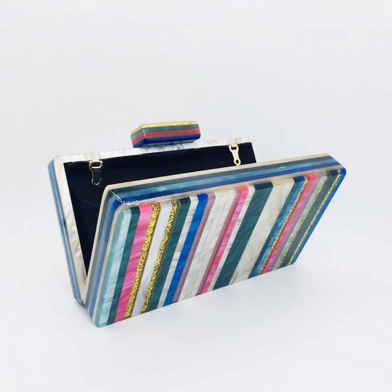 Multicolored striped acrylic clutch, Multicolored acrylic clutch, Pearlescent striped clutch, Retro clutch, Party clutch, Evening clutch image 7