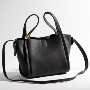 Genuine Togo leather square bucket bag, Leather crossbody bag, Black leather shoulder bag, Daily leather bag, Minimal leather bag