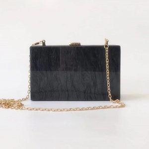 Pearl black acrylic clutch with the gold chain, Solid black pearlescent acrylic clutch, Evening clutch, Minimalist clutch