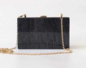 Pearl black acrylic clutch with the gold chain, Solid black pearlescent acrylic clutch, Evening clutch, Minimalist clutch