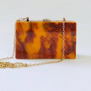 Lucite brown marble clutch with the metal chain, Tortoise shell clutch, Evening clutch, Clutch for party