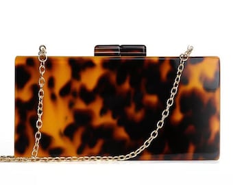 Tortoise shell clutch, Leopard pattern acrylic clutch, Evening clutch, Party bag