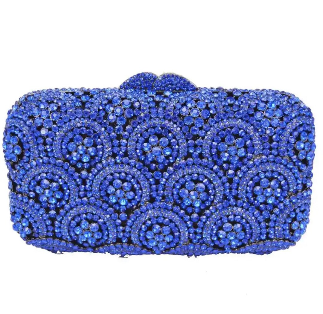 Bridal Wedding Clutch, Petite Floral Pattern Crystal Rhinestone Clutch, Blue Crystal Clutch