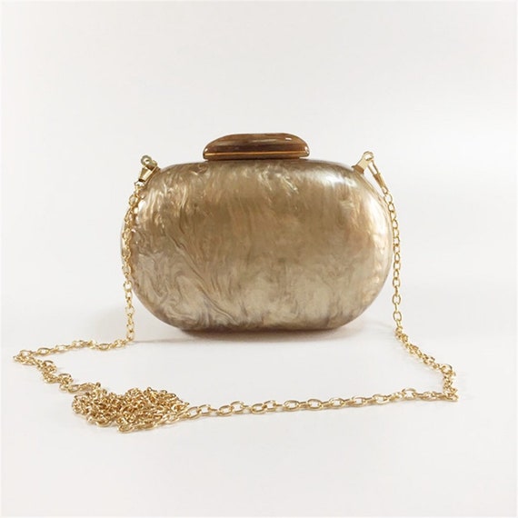 Pearl Brown Oval Shape Acrylic Clutch Gold Brown Marbled Acrylic