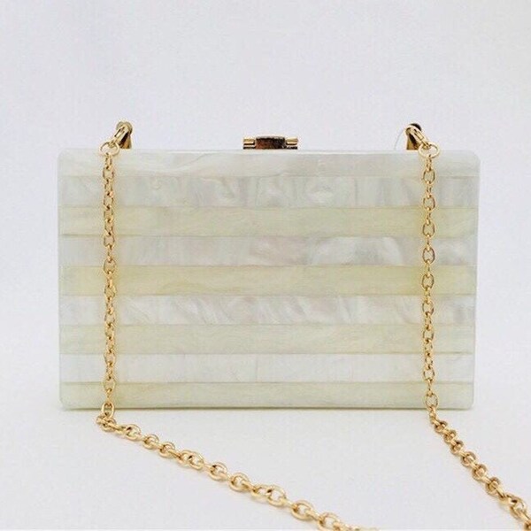 White and cream striped pearlescent acrylic clutch with the gold chain, Striped acrylic clutch, Bridal wedding clutch, Evening clutch