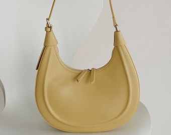 Genuine cowhide leather hobo shoulder bag, Leather crossbag, Half moon leather bag,  Yellow leather bag, Minimal Leather hobo cross bag