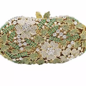 Green flower garden crystal rhinestone clutch, Bridal wedding clutch, Party clutch, Gold glitter crystal evening clutch