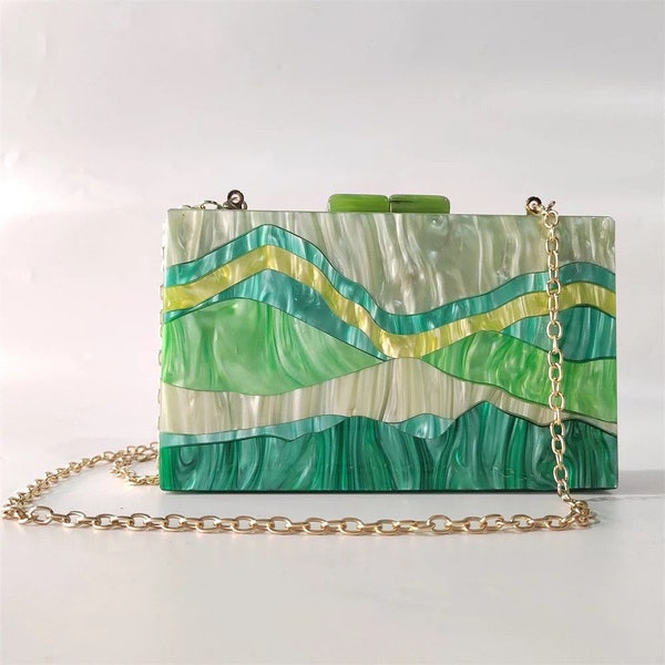 Mountain motive acrylic clutch, Multicolored green acrylic clutch, Bridal wedding clutch, Evening clutch, Party clutch