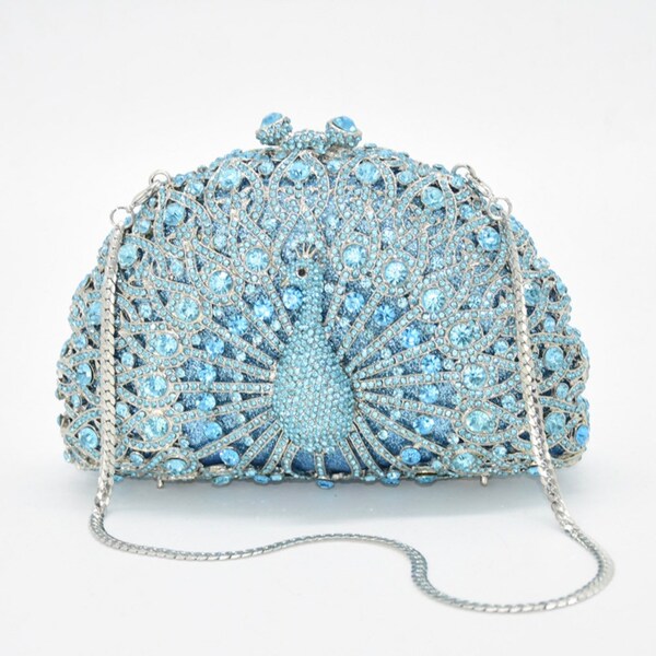 Pochette de paon en strass cristal bleu clair avec la chaîne détachable, pochette de mariage nuptiale, pochette de fête, pochette de soirée