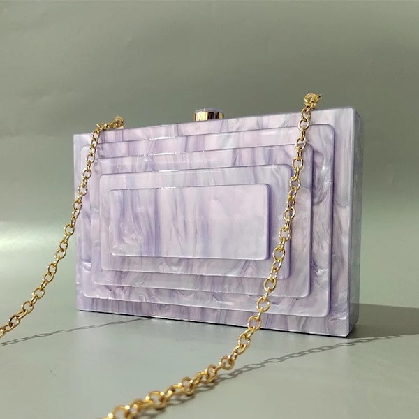 Pochette en acrylique violet lilas, pochette en acrylique violet nacré, pochette en acrylique découpée en escalier 3D, pochette en écaille de tortue, pochette de mariée