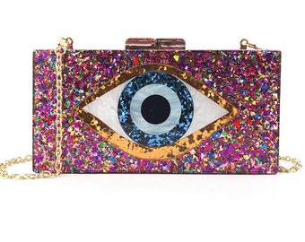 Multicolor glitter with evil eye pattern acrylic clutch with the metal chain, Party clutch, Evening party