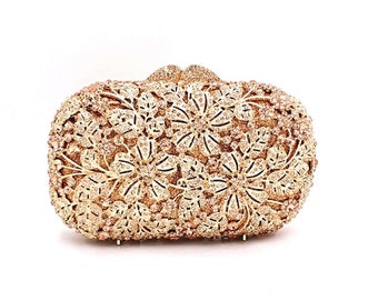 Bridal wedding clutch, Champagne crystal rhinestone floral clutch, Floral pattern champagne crystal rhinestone, Party clutch