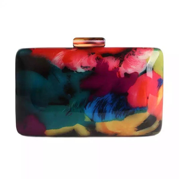 Multicolor painting acrylic clutch, Multicolored floral pattern acrylic clutch, Evening clutch, Party bag