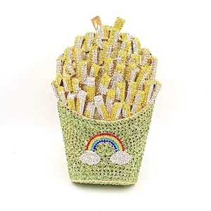 Retro and kitsch french fries crystal clutch, Fun crystal clutch, Party clutch, Lime green crystal clutch