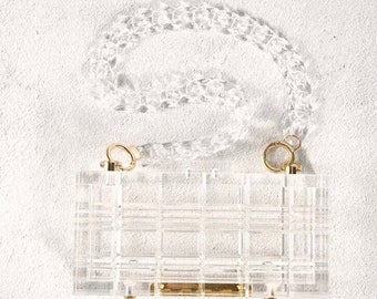TOP A+++ Lucite Rectanglar cut transparent clutch with the clear acrylic chain, Transparent Clear clutch bag