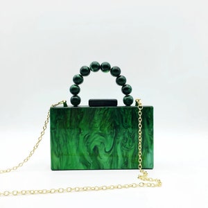 Emerald green acrylic tote bag with the ball strap, Emerald  acrylic clutch, Vintage-inpired tote bag with the metal chain, Bridal clutch